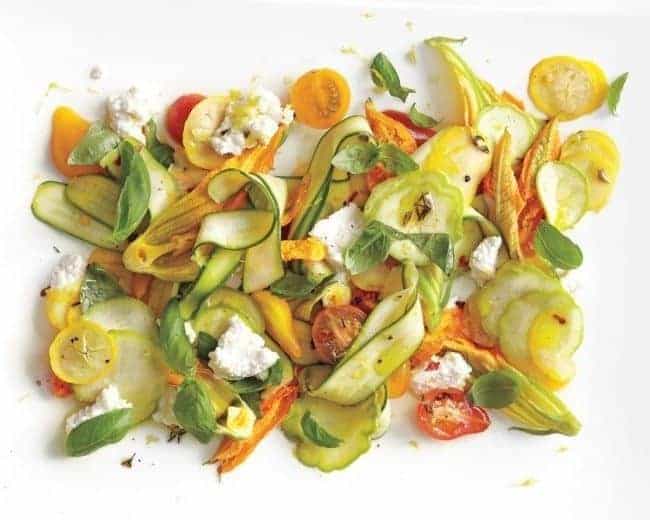 Shaved-Squash Salad with Tomatoes, Zucchini Blossoms, Ricotta, and Thyme Oil