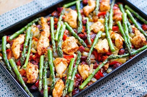 Sheet Pan Roasted Asparagus & Chicken With Chorizo